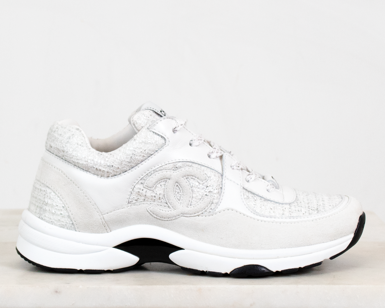 Chanel White Cotton Tweed Suede Calfskin CC Sneakers — Otra Chanel White Cotton Tweed Suede Calfskin CC Sneakers — Otra